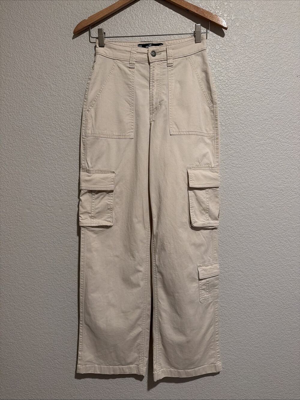 Hollister Ultra High Rise Baggy Cargo Pants 90s Y2k Beige Grunge 000 23 x 30
